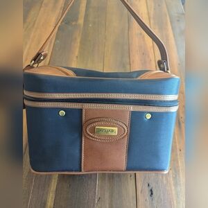 Vintage Jaguar Navy Blue Brown Leather Trim Pockets Travel Bag W/ Mirror‎ Inside